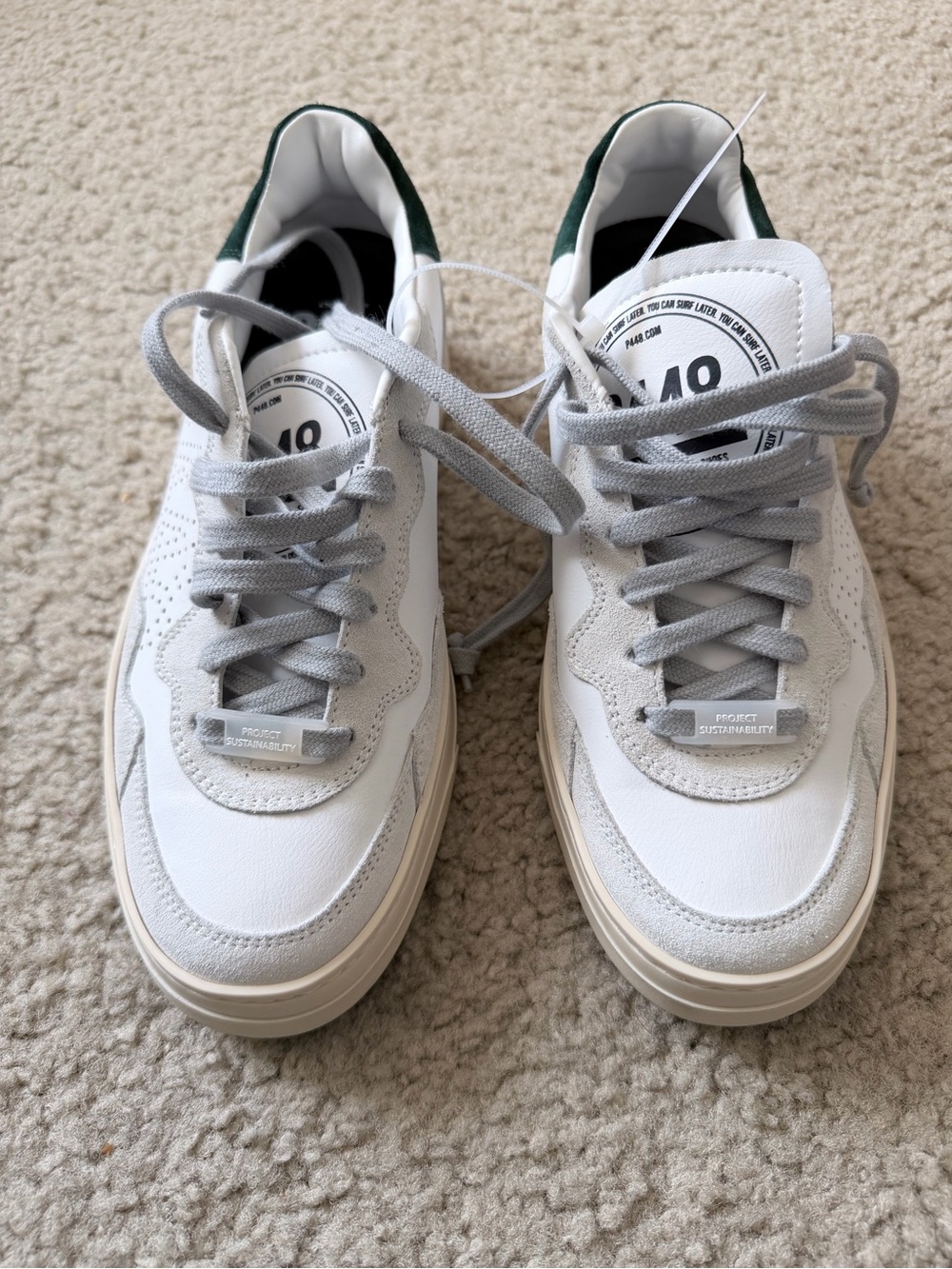 Women’s White and Gray Low-Top Sneakers with Green Heel Accent